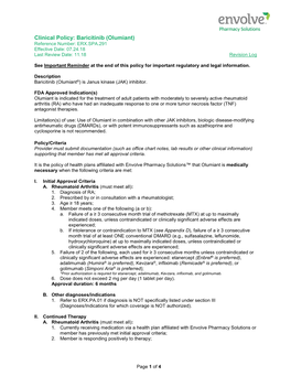 Clinical Policy: Baricitinib (Olumiant) Reference Number: ERX.SPA.291 Effective Date: 07.24.18 Last Review Date: 11.18 Revision Log