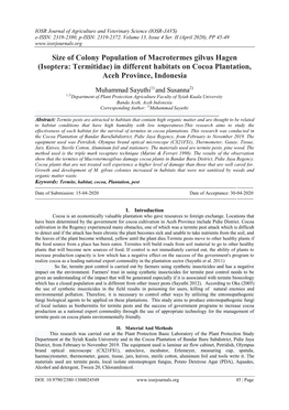 Size of Colony Population of Macrotermes Gilvus Hagen (Isoptera: Termitidae) in Different Habitats on Cocoa Plantation, Aceh Province, Indonesia