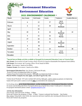 2021 ENVIRONMENT CALENDAR * Month Joey Scouts Cub Scouts Scouts Venturers Leaders/Rovers