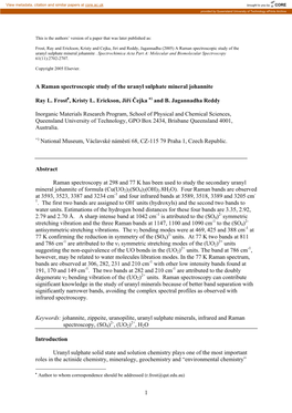 1 a Raman Spectroscopic Study of the Uranyl Sulphate Mineral Johannite