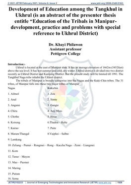 Development of Education Among the Tangkhul in Ukhrul (Is an Abstract of the Presenter Thesis Entitle “Education of the Tribal