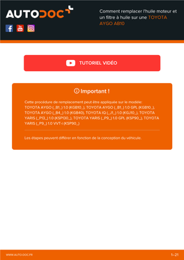 Comment Remplacer L'huile Moteur Et Un Filtre À Huile Sur Une TOYOTA AYGO AB10
