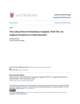 The Cultural Role of Christianity in England, 1918-1931: an Anglican Perspective on State Education