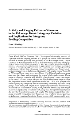 Activity and Ranging Patterns of Guerezas in the Kakamega Forest: Intergroup Variation and Implications for Intragroup Feeding Competition