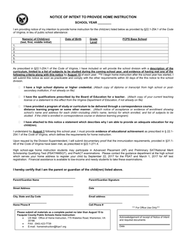 Notice of Intent to Provide Home Instruction Form