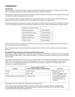 Transfusion Service Introduction Blood/Blood Products Requests and Turnaround Time Expectations