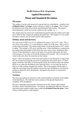 Applied Biostatistics Mean and Standard Deviation the Mean the Median Is Not the Only Measure of Central Value for a Distribution