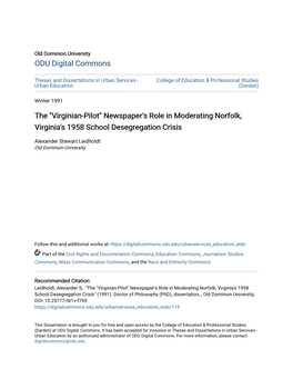 The "Virginian-Pilot" Newspaper's Role in Moderating Norfolk, Virginia's 1958 School Desegregation Crisis