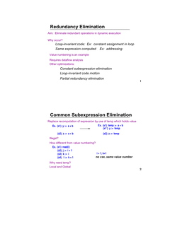 Redundancy Elimination Common Subexpression Elimination