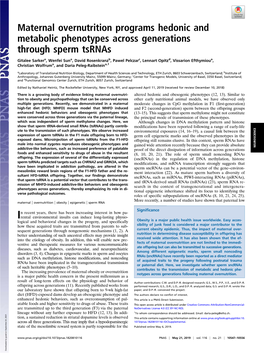 Maternal Overnutrition Programs Hedonic and Metabolic Phenotypes Across Generations Through Sperm Tsrnas