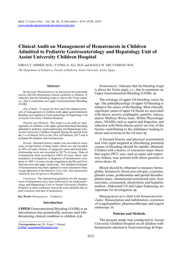 Clinical Audit on Management of Hematemesis in Children Admitted to Pediatric Gastroenterology and Hepatology Unit of Assiut