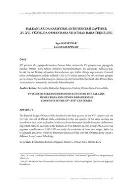 Xv-Xvi. Yüzyilda Osman Baba Ve Otman Baba Tekkeleri