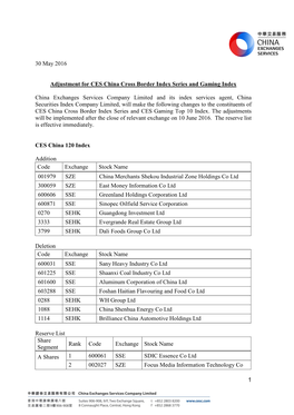 1 30 May 2016 Adjustment for CES China Cross Border Index Series