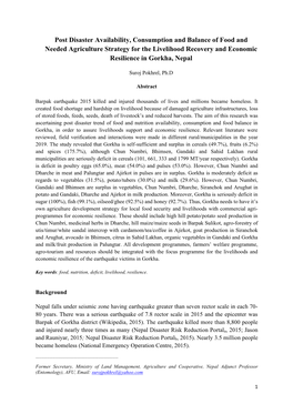 Post Disaster Availability, Consumption and Balance of Food and Needed Agriculture Strategy for the Livelihood Recovery and Economic Resilience in Gorkha, Nepal