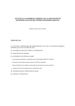 Acta De La Vii Asamblea General De La Asociaciìn De Entidades Locales Del Pirineo Aragonés (Adelpa)