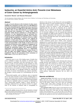 Isoleucine, an Essential Amino Acid, Prevents Liver Metastases of Colon Cancer by Antiangiogenesis Kazumoto Murata1 and Masami Moriyama2