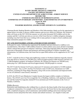 TESTIMONY of RANDY MOORE, REGIONAL FORESTER PACIFIC SOUTHWEST REGION UNITED STATES DEPARTMENT of AGRICULTURE—FOREST SERVICE BE