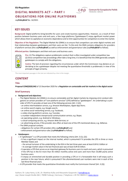 Digital Markets Act – Part I Obligations for Online Platforms Content Key Issues