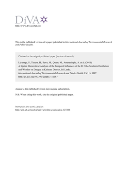 A Spatial Hierarchical Analysis of the Temporal Influences of the El Niño-Southern Oscillation and Weather on Dengue in Kalutara District, Sri Lanka