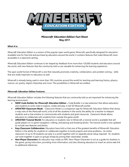 Minecraft: Education Edition Fact Sheet May 2017