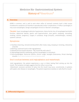 Medicine Hx- Gastrointestinal System History of “Heartburn”