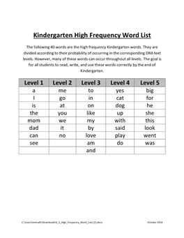 Kindergarten High Frequency Word List