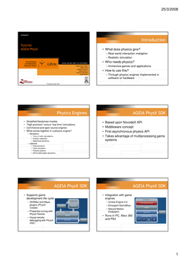 Introduction Physics Engines AGEIA Physx SDK AGEIA
