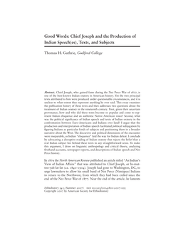 Good Words: Chief Joseph and the Production of Indian Speech(Es), Texts, and Subjects