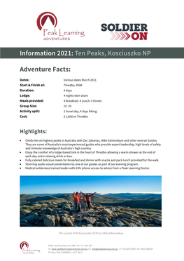 Ten Peaks, Kosciuszko NP Adventure Facts