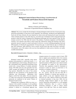 Biological Control of Insect Pests in Iraq: 1) an Overview of Parasitoids and Predators Research Development