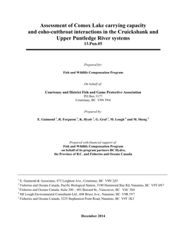 Assessment of Comox Lake Carrying Capacity and Coho‐Cutthroat Interactions in the Cruickshank and Upper Puntledge River Systems 13.Pun.05