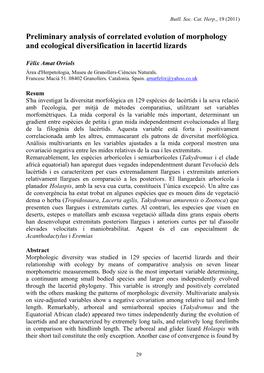 Preliminary Analysis of Correlated Evolution of Morphology and Ecological Diversification in Lacertid Lizards