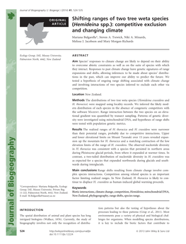 Shifting Ranges of Two Tree Weta Species (Hemideina Spp.)