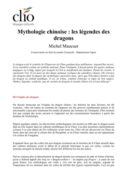 Mythologie Chinoise : Les Légendes Des Dragons Michel Maucuer Conservateur En Chef Au Musée Cernuschi - Département Japon
