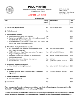 PEDC Meeting Planning and Economic Development Committee DATE: May 8, 2019 Ithaca Common Council TIME: 6:00 Pm LOCATION: 3Rd Floor City Hall