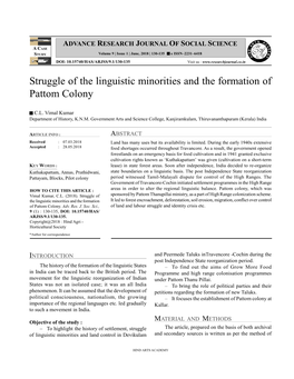 Struggle of the Linguistic Minorities and the Formation of Pattom Colony