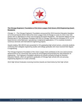 The Chicago Engineers' Foundation of the Union League Club Honors 2013 Engineering Award Recipients