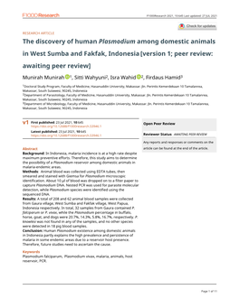 The Discovery of Human Plasmodium Among Domestic Animals in West Sumba and Fakfak, Indonesia [Version 1; Peer Review: Awaiting Peer Review]