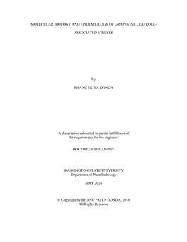 MOLECULAR BIOLOGY and EPIDEMIOLOGY of GRAPEVINE LEAFROLL- ASSOCIATED VIRUSES by BHANU PRIYA DONDA a Dissertation Submitted in Pa