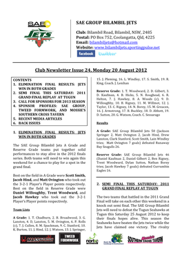 SAE GROUP BILAMBIL JETS Club Newsletter Issue 24, Monday 20 August 2012