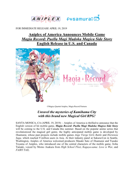 Aniplex of America Announces Mobile Game Magia Record: Puella Magi Madoka Magica Side Story English Release in U.S