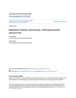 Melodrama, Sickness, and Paranoia: Todd Haynes and the Womanâ•Žs