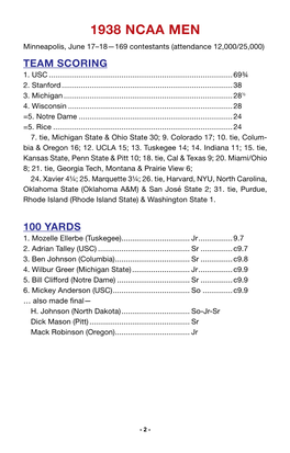 1938 NCAA MEN Minneapolis, June 17–18—169 Contestants (Attendance 12,000/25,000) TEAM SCORING 1