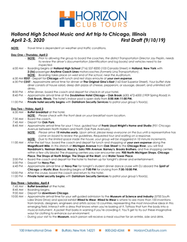 Holland High School Music and Art Trip to Chicago, Illinois April 2-5, 2020 First Draft (9/10/19)