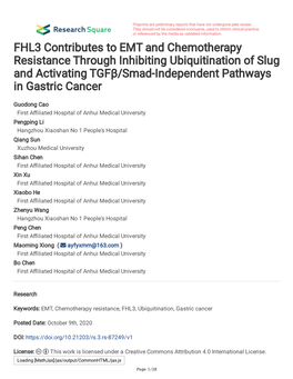 FHL3 Contributes to EMT and Chemotherapy Resistance Through Inhibiting Ubiquitination of Slug and Activating Tgfβ/Smad-Independent Pathways in Gastric Cancer