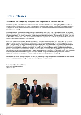 Switzerland and Hongkong Strengthen Their Cooperation in Financial Markets