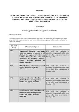 Section XII FOOTWEAR, HEADGEAR, UMBRELLAS, SUN UMBRELLAS, WALKING-STICKS, SEAT-STICKS, WHIPS, RIDING-CROPS and PARTS THEREOF; PR