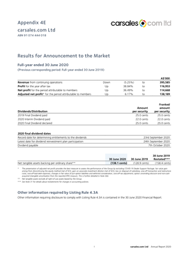 Appendix 4E Carsales.Com Ltd Results for Announcement to the Market