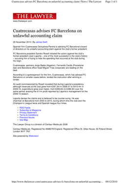 Cuatrecasas Advises FC Barcelona on Unlawful Accounting Claim | News | the Lawyer Page 1 of 1
