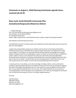 Comments on August 1, 2018 Planning Commission Agenda Items, Received July 26-30